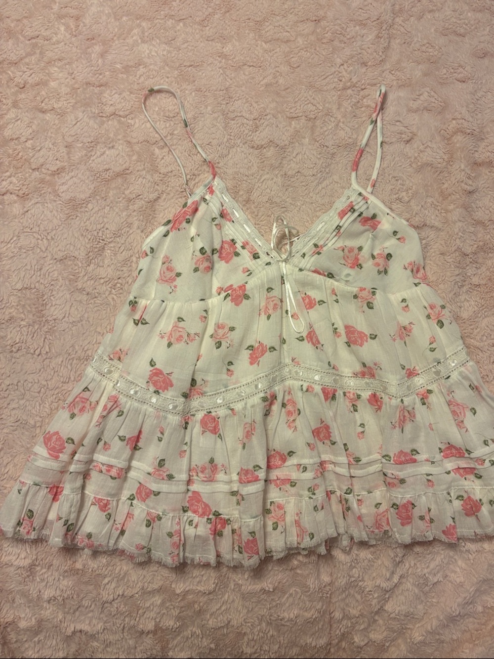 Aeropostale White Floral Tiered Spaghetti Strap Cami - Pink Roses